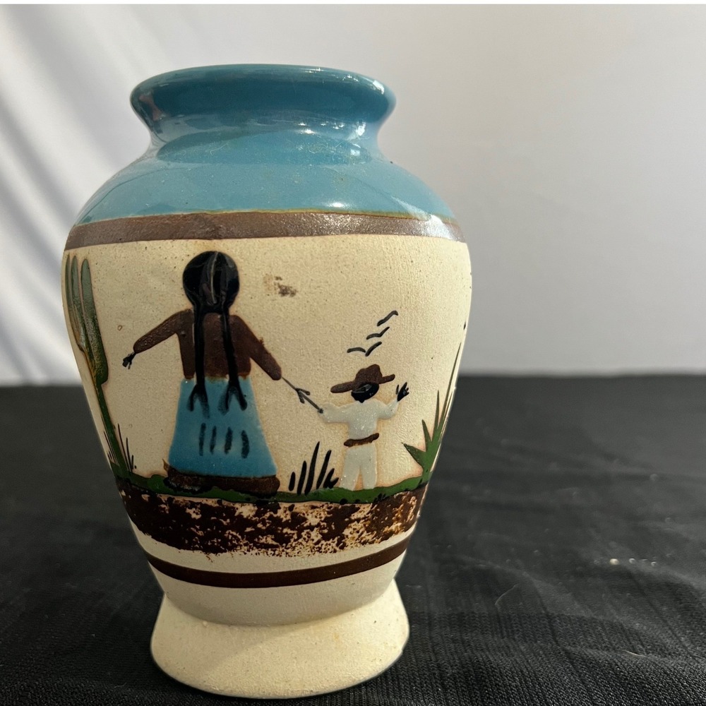 Vintage Mexican Folk Art Pottery Vase Signed 6" Handcrafted Southwestern Pottery